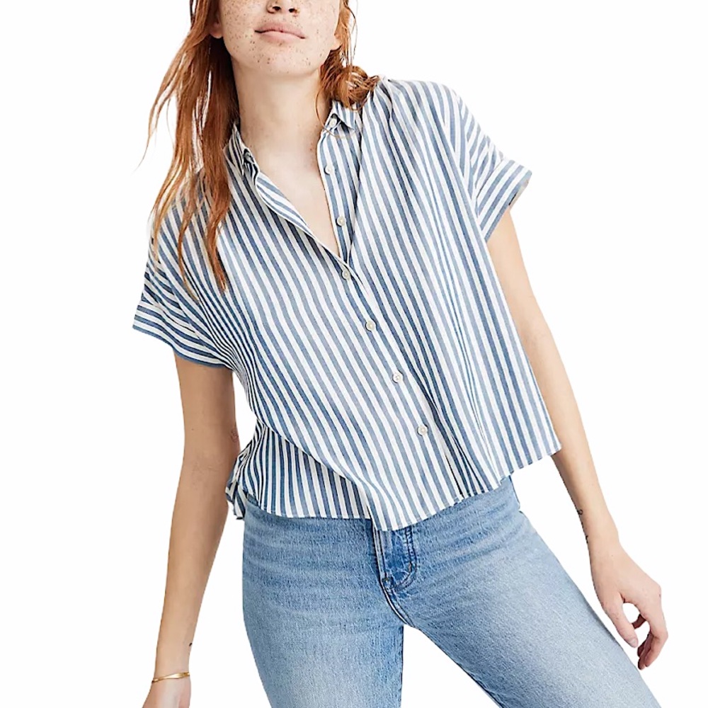 MADEWELL Hilltop blue white striped button down short sleeve top sz XS like new